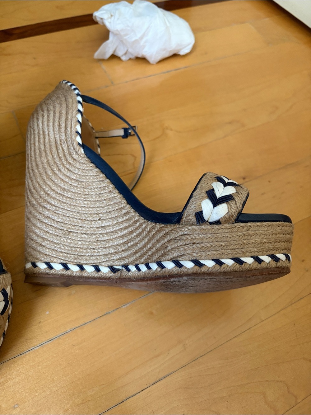 Gucci Navy and Tan Braided Espadrille Wedge Sandals - Picture 10 of 14
